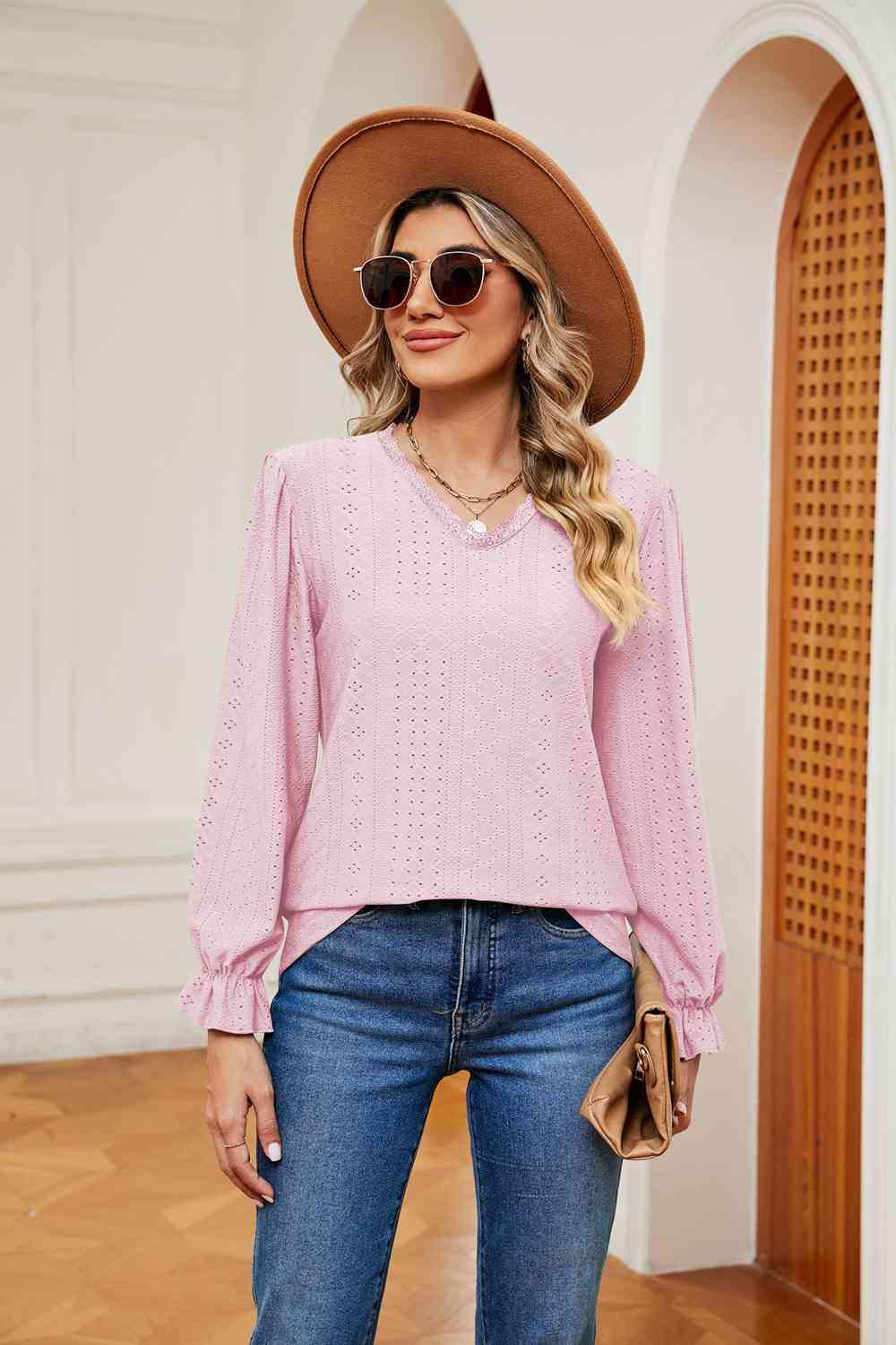 V-Neck Flounce Sleeve Blouse - Trendsi - Flyclothing LLC