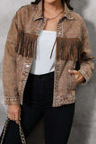 Fringe Trim Snap Down Denim Jacket - Trendsi - Flyclothing LLC