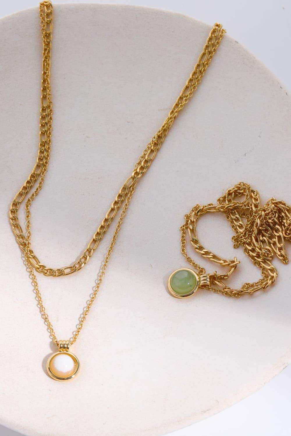 Copper 14K Gold Pleated Round Shape Aventurine Pendant Necklace - Trendsi - Flyclothing LLC