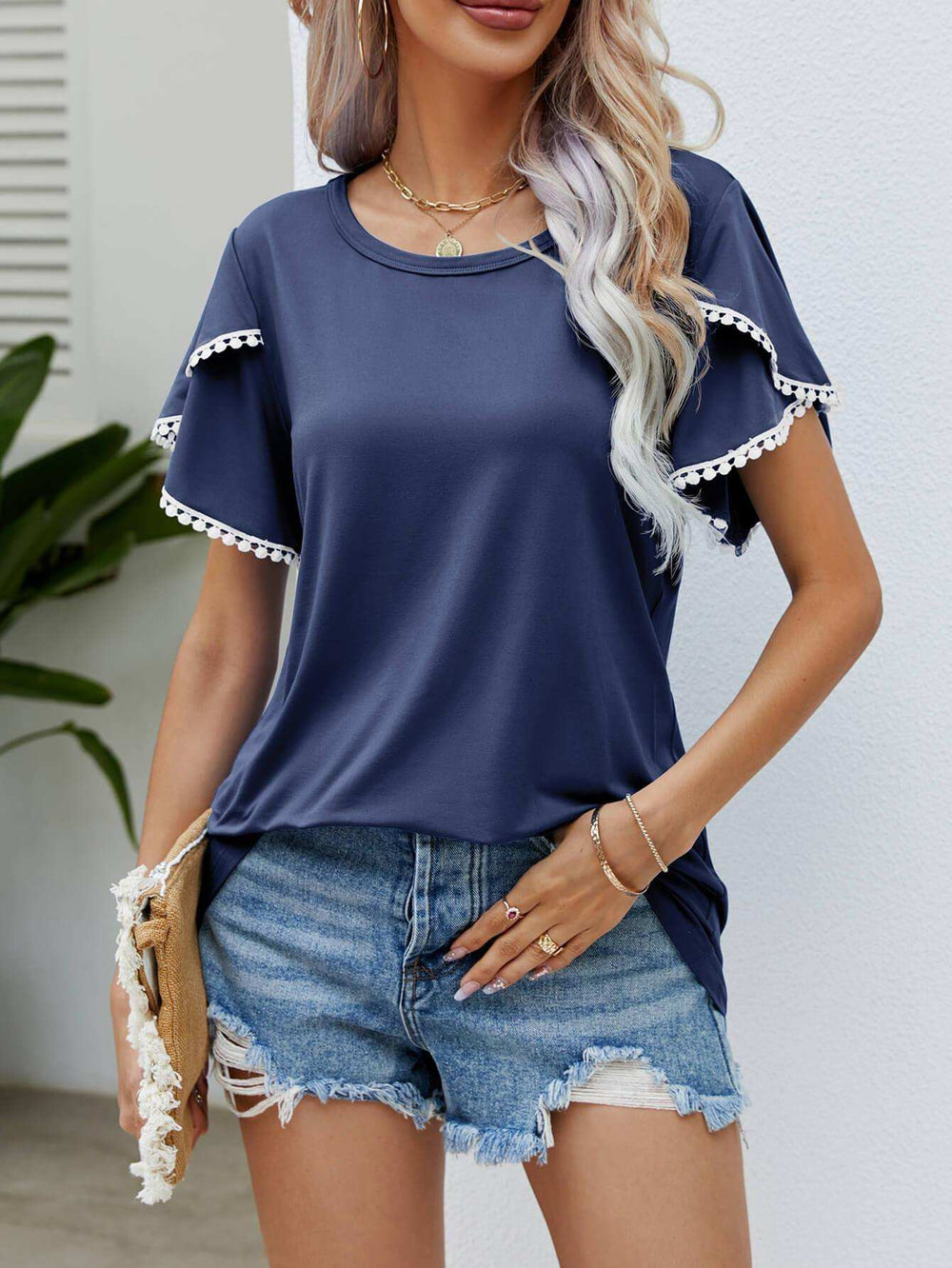 Pom-Pom Trim Flutter Sleeve Round Neck Tee - Trendsi - Flyclothing LLC