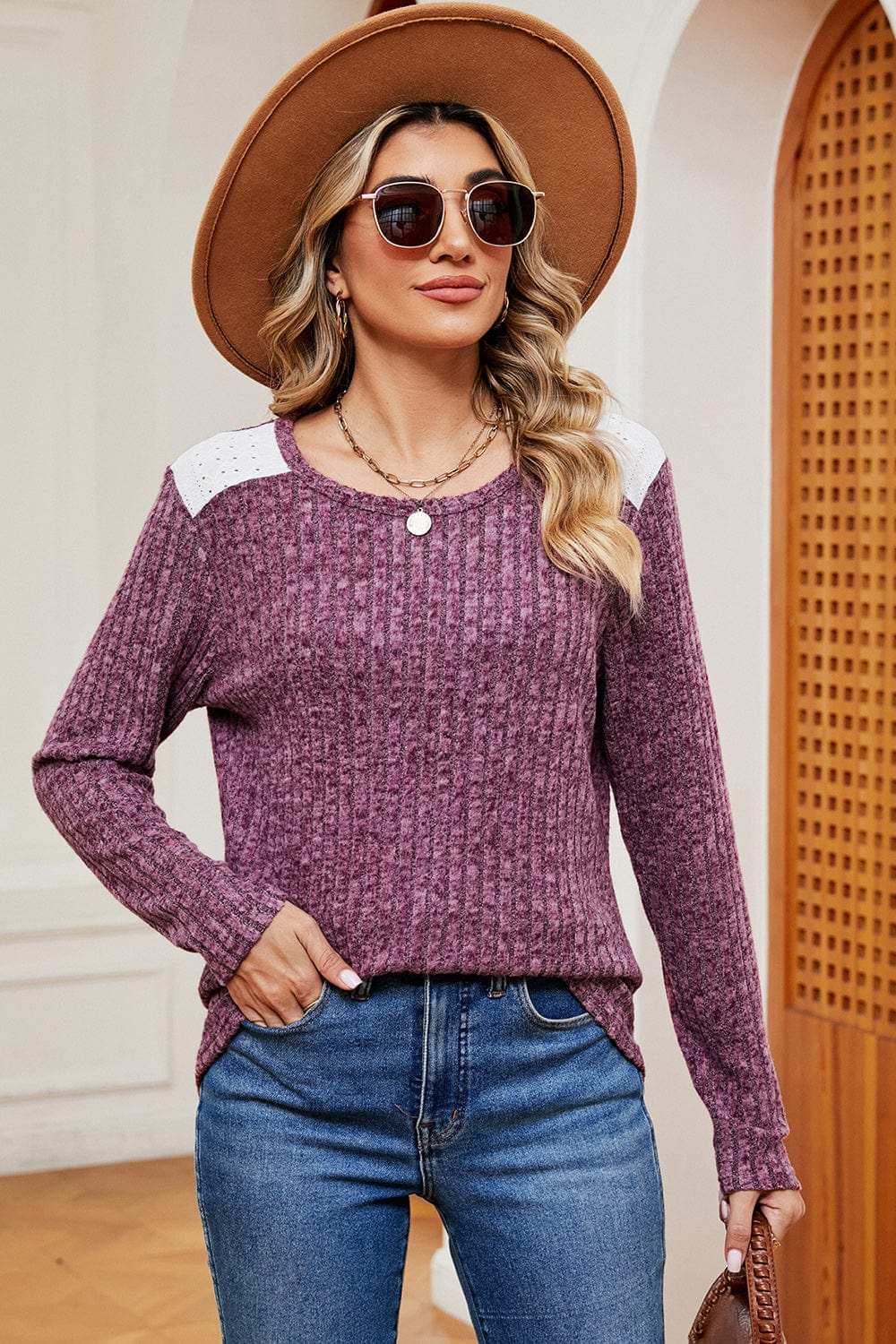 Eyelet Ribbed Round Neck Long Sleeve T-Shirt - Trendsi - Flyclothing LLC