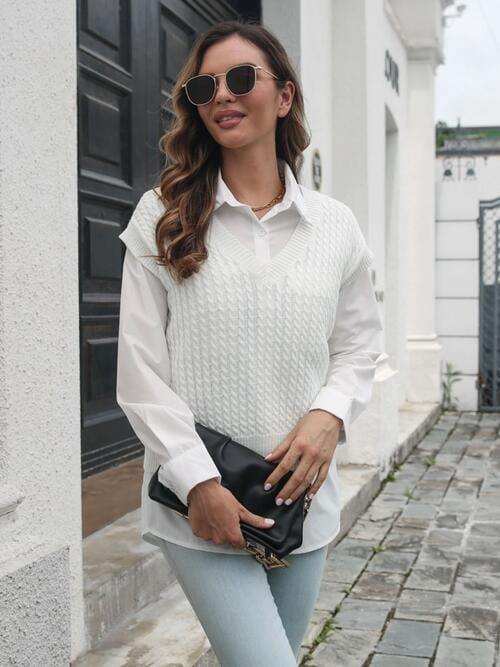 Cable-knit V-Neck Sweater Vest - Trendsi - Flyclothing LLC