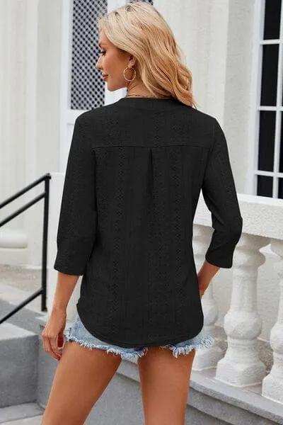 Eyelet Notched Knit Jacquard Top - Trendsi - Flyclothing LLC