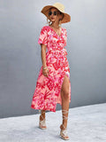 Floral Print High Slit Surplice Neck Tie Waist Midi Dress - Trendsi - Flyclothing LLC