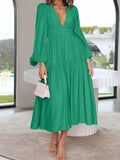 Deep V-Neck Balloon Sleeve Plain Maxi Dress - Trendsi - Flyclothing LLC