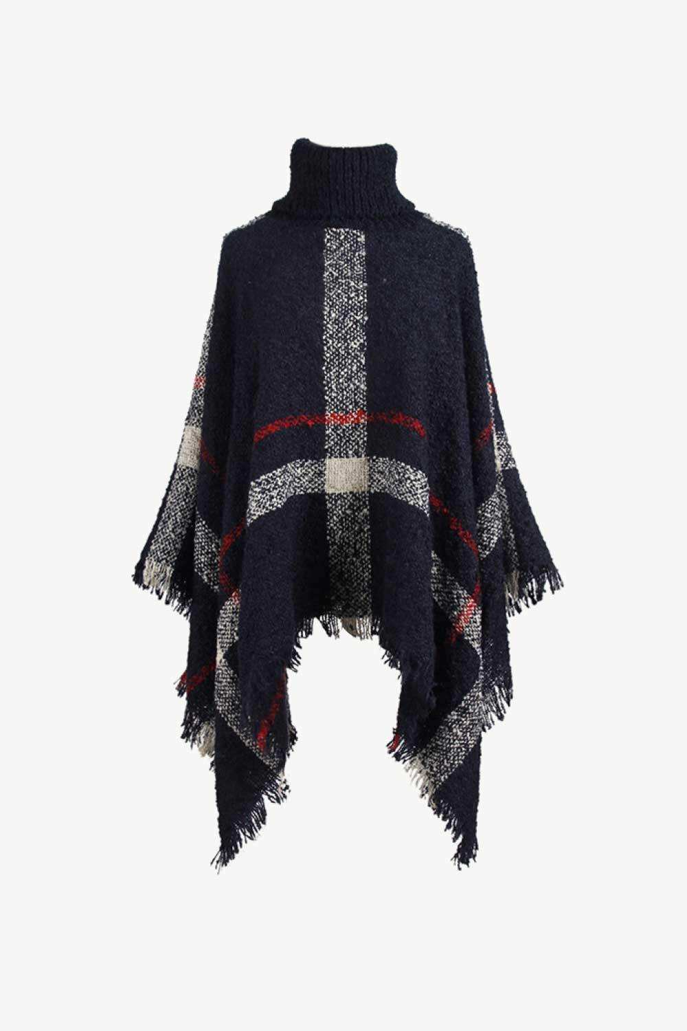 Plaid Turtleneck Raw Hem Poncho - Trendsi - Flyclothing LLC