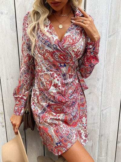 Tied Printed Long Sleeve Mini Dress - Trendsi - Flyclothing LLC