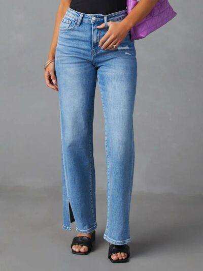 Slit Buttoned Jeans with Pockets - Trendsi - Flyclothing LLC