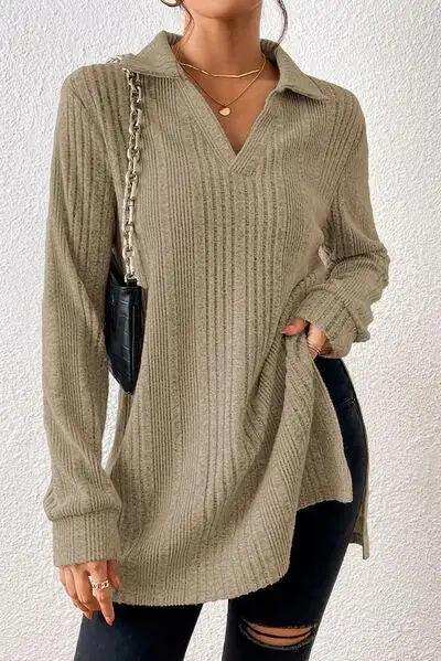 Slit Johnny Collar Long Sleeve Sweater - Trendsi - Flyclothing LLC