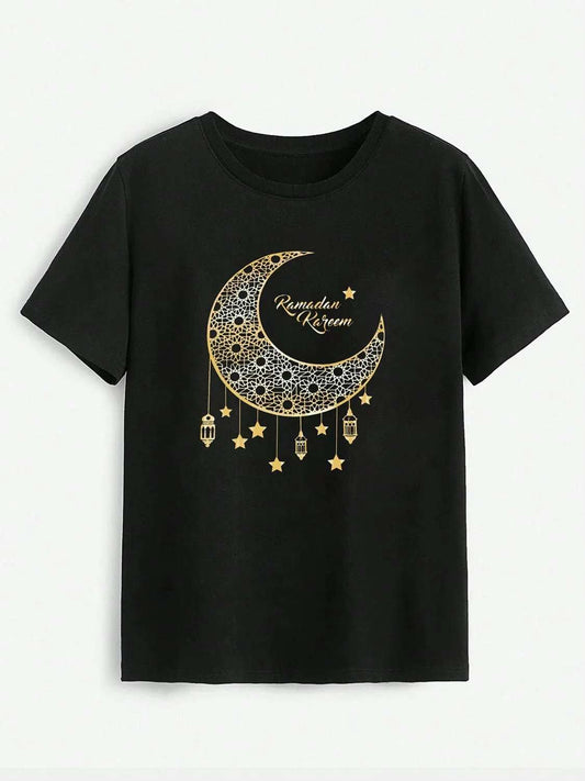 Moon Graphic Round Neck Short Sleeve T-Shirt - Trendsi - Flyclothing LLC