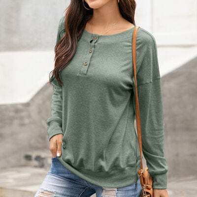 Quarter Button Dropped Shoulder Blouse - Trendsi - Flyclothing LLC