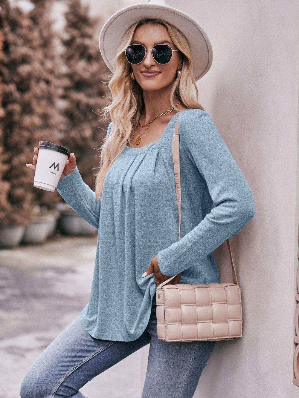 Pleated Detail Curved Hem Long Sleeve Top - Trendsi - Flyclothing LLC
