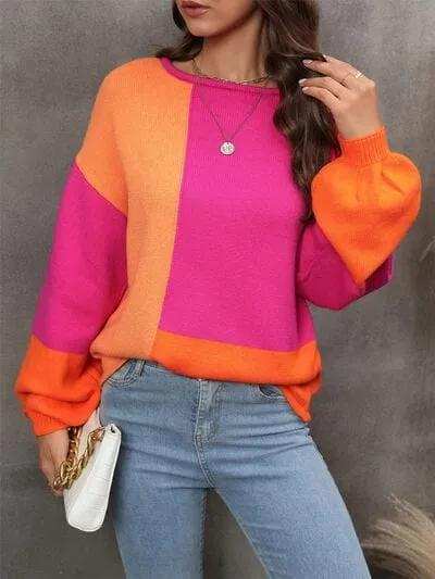 Color Block Round Neck Sweater - Trendsi - Flyclothing LLC