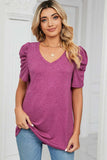 Heathered V-Neck Puff Sleeve T-Shirt - Trendsi - Flyclothing LLC