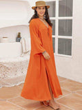 Plus Size Tie Neck Long Sleeve Slit Dress - Trendsi - Flyclothing LLC