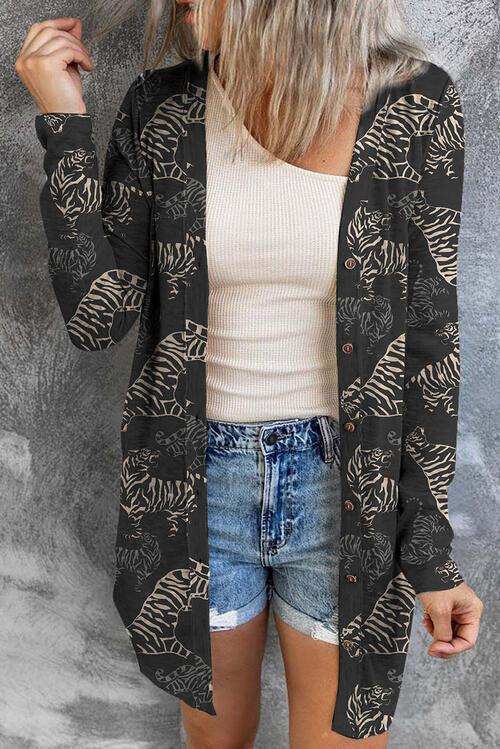 Tiger Print Button Up Long Sleeve Cardigan - Trendsi - Flyclothing LLC