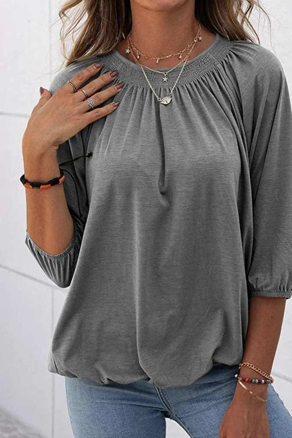 Gathered Detail Round Neck T-Shirt - Trendsi - Flyclothing LLC