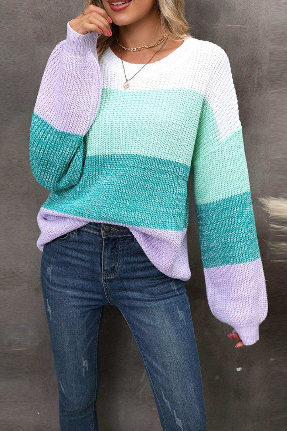 Color Block Round Neck Dropped Shoulder Sweater - Trendsi - Flyclothing LLC