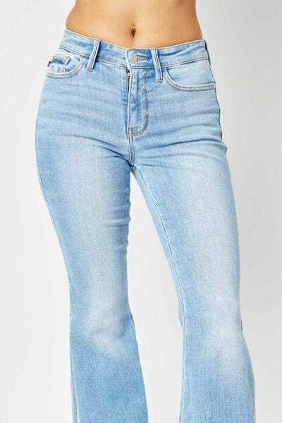 Judy Blue Full Size Mid Rise Raw Hem Slit Flare Jeans - Trendsi - Flyclothing LLC
