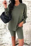 Ribbed Round Neck Dropped Shoulder Top and Shorts Set - Trendsi - Flyclothing LLC