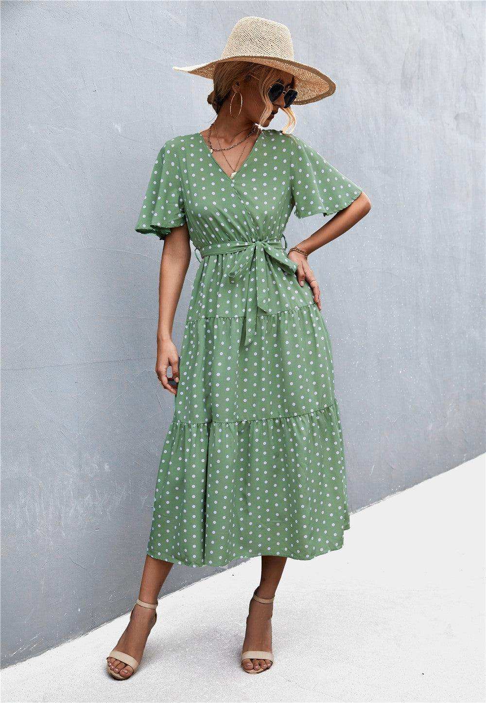 Printed V-Neck Flutter Sleeve Belted Dress - Trendsi - Flyclothing LLC