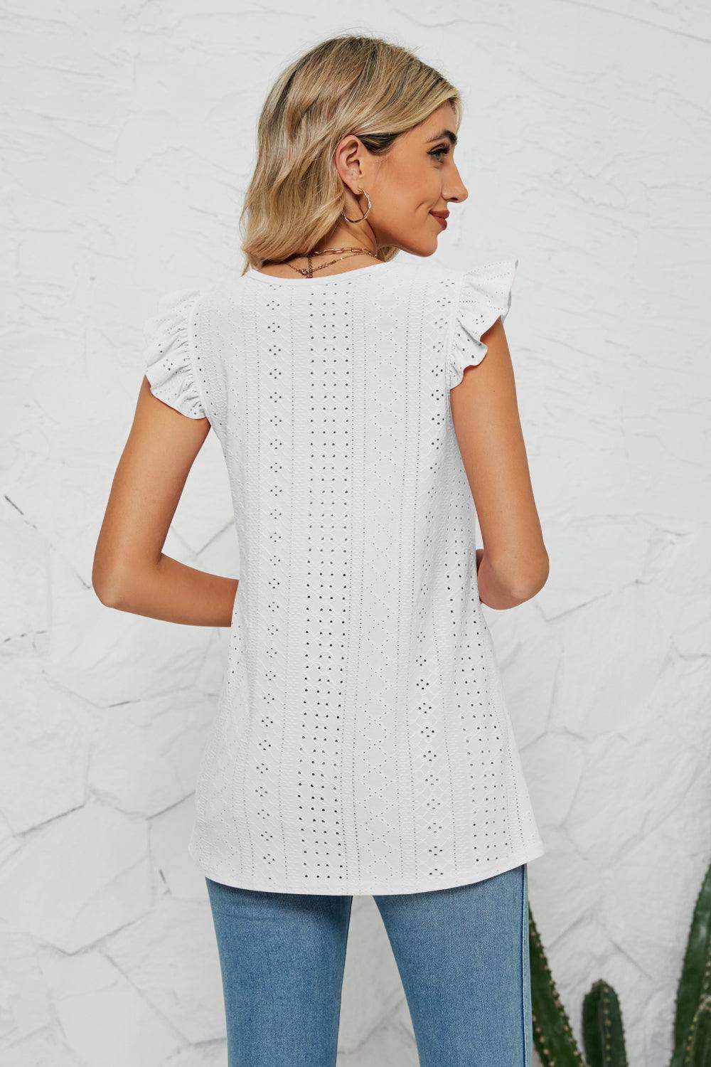 Smocked Round Neck Eyelet Top - Trendsi - Flyclothing LLC