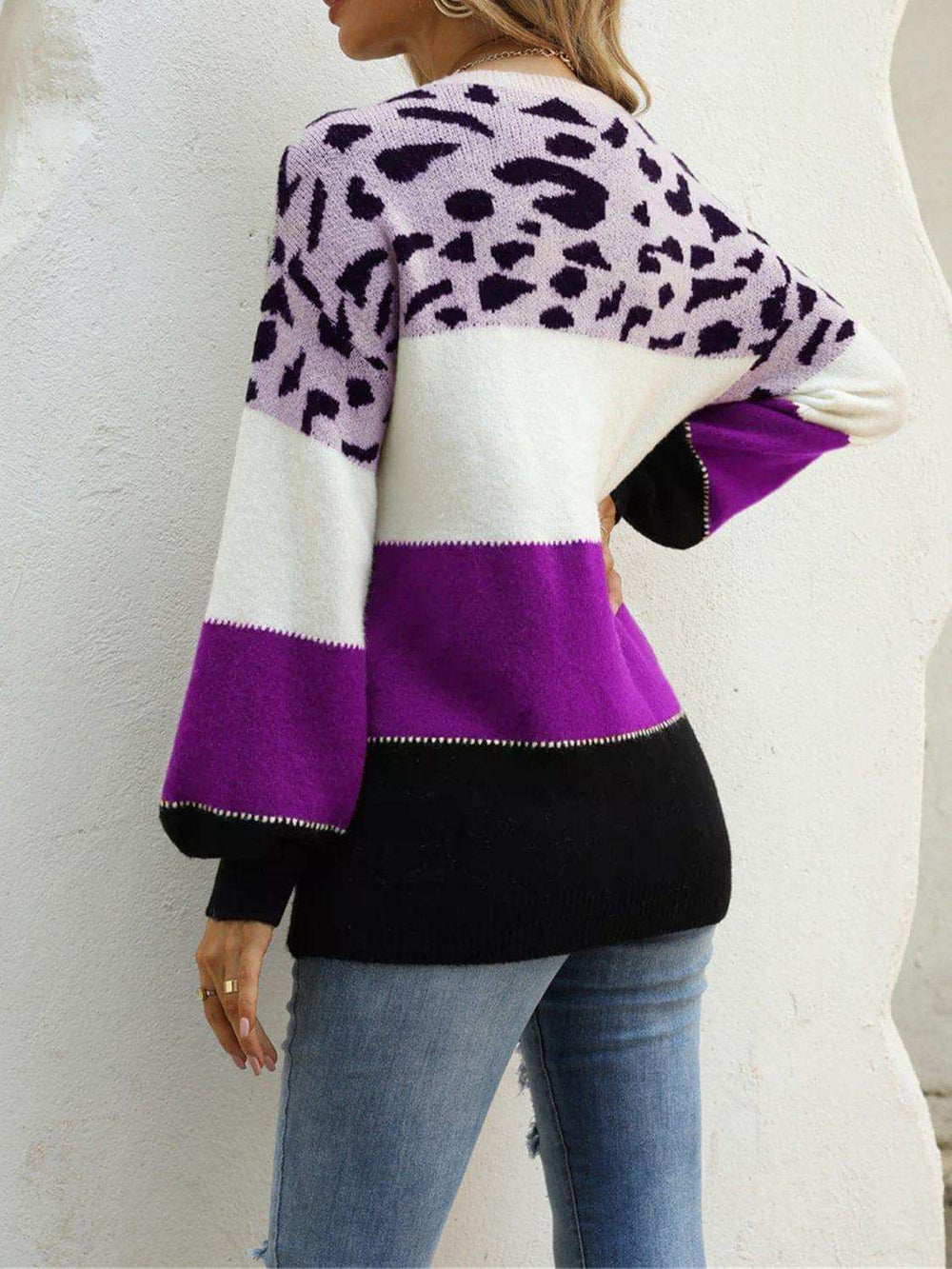 Color Block Round Neck Sweater - Trendsi - Flyclothing LLC