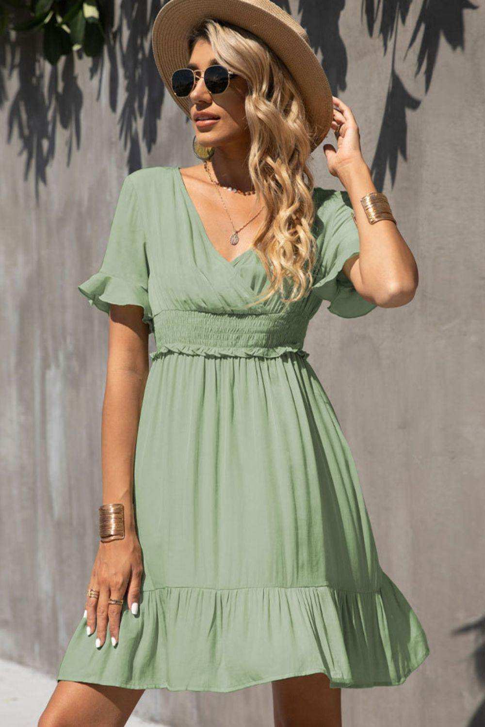 Smocked Waist Flounce Sleeve Ruffle Hem Dress - Trendsi - Flyclothing LLC
