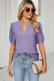 Eyelet Short Puff Sleeve Notched Neck Top - Trendsi - Flyclothing LLC