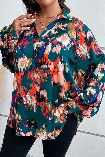 Plus Size Printed Johnny Collar Long Sleeve Blouse - Trendsi - Flyclothing LLC