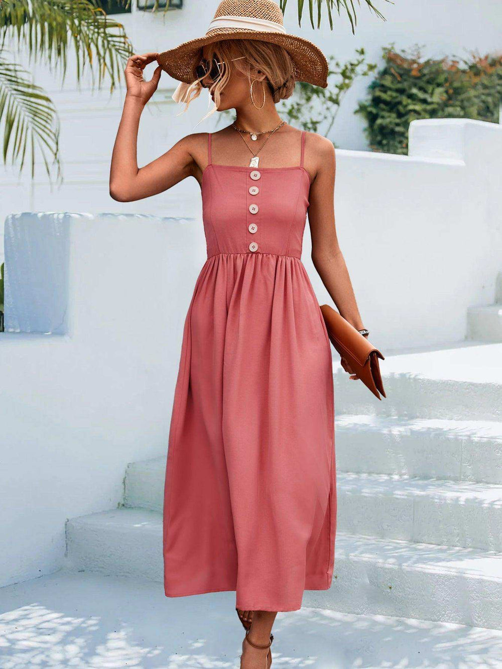 Decorative Button Spaghetti Strap Midi Dress - Trendsi - Flyclothing LLC