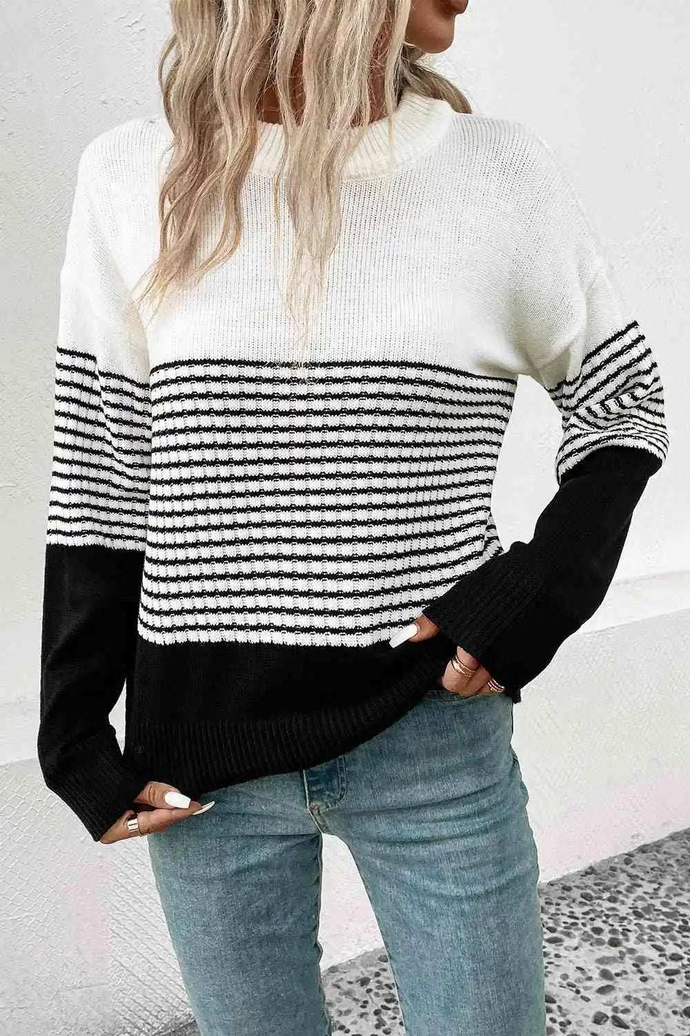 Striped Drop Shoulder Sweater - Trendsi - Flyclothing LLC