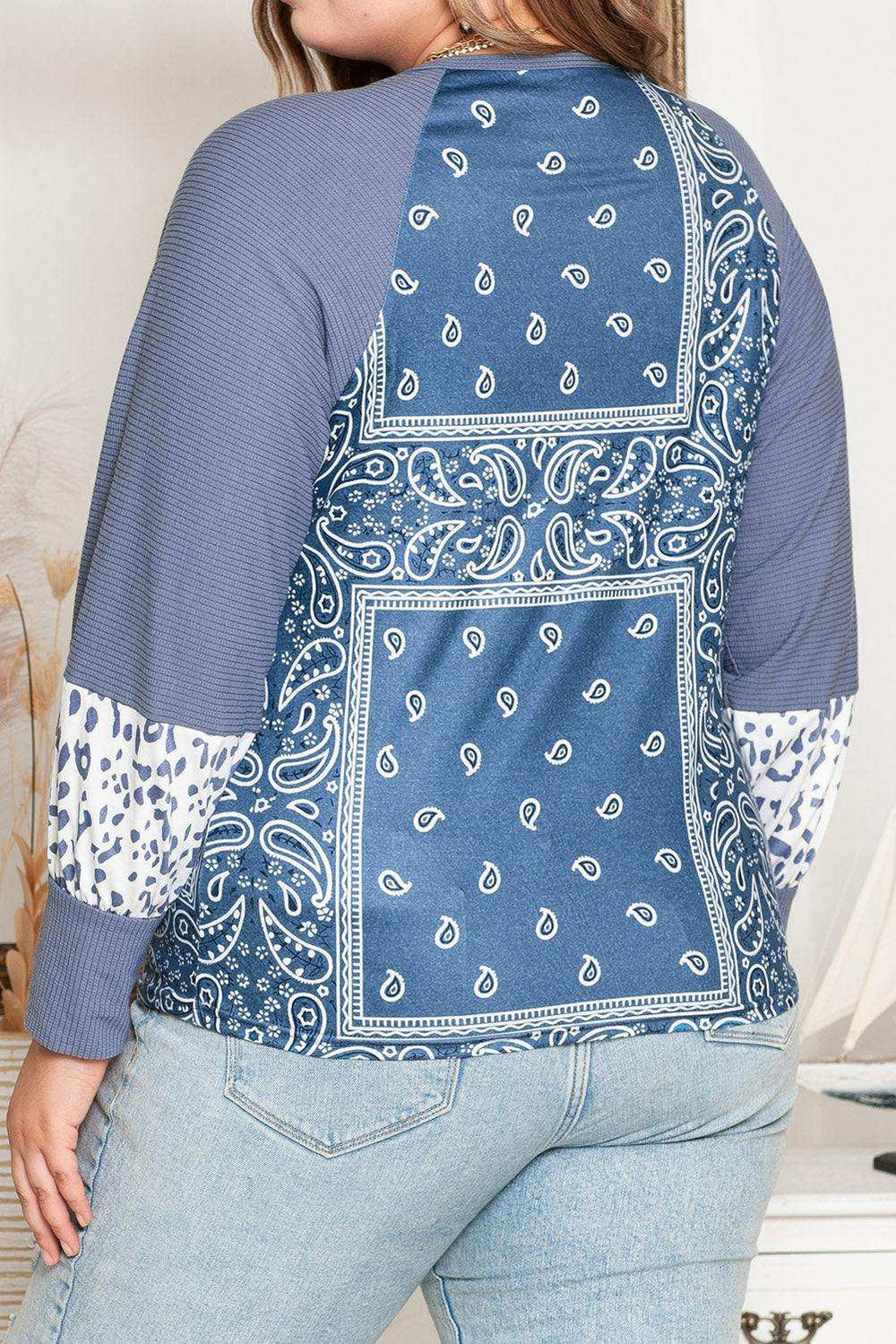 Plus Size V-Neck Printed Raglan Sleeve Blouse - Trendsi - Flyclothing LLC