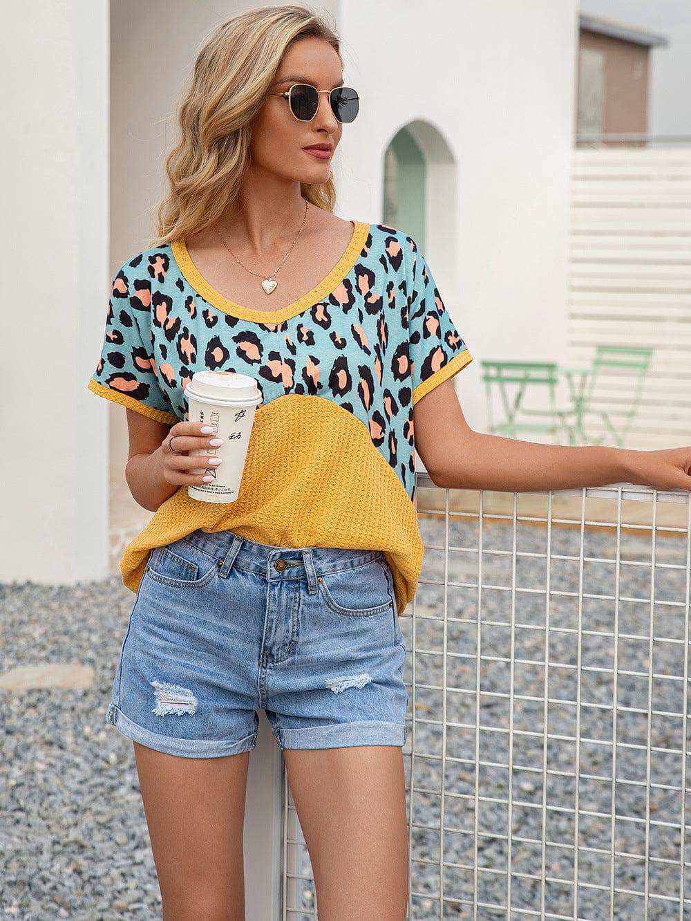 Leopard Waffle-Knit Short Sleeve Top - Trendsi - Flyclothing LLC