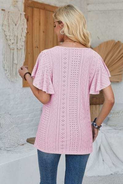 Eyelet Applique V-Neck Cap Sleeve T-Shirt - Trendsi - Flyclothing LLC