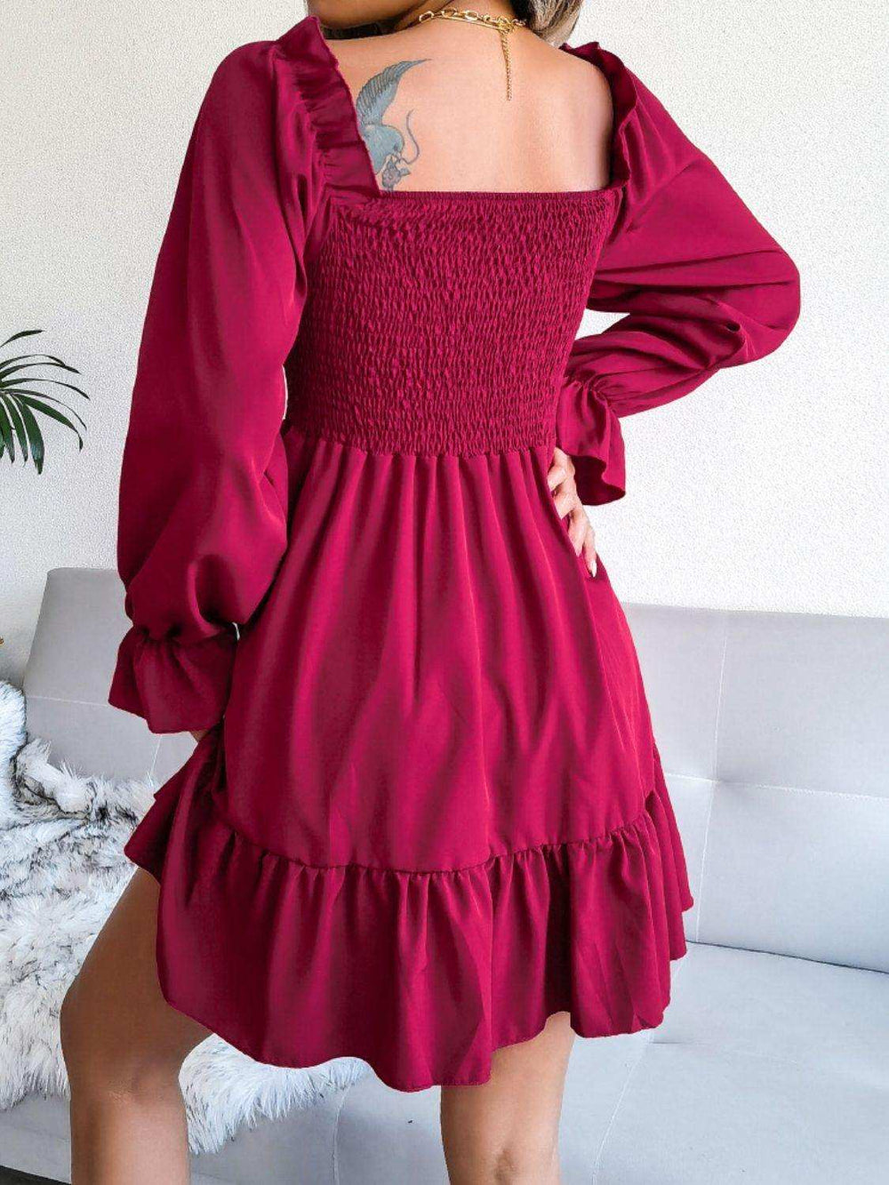Smocked Flounce Sleeve Square Neck Dress - Trendsi - Flyclothing LLC