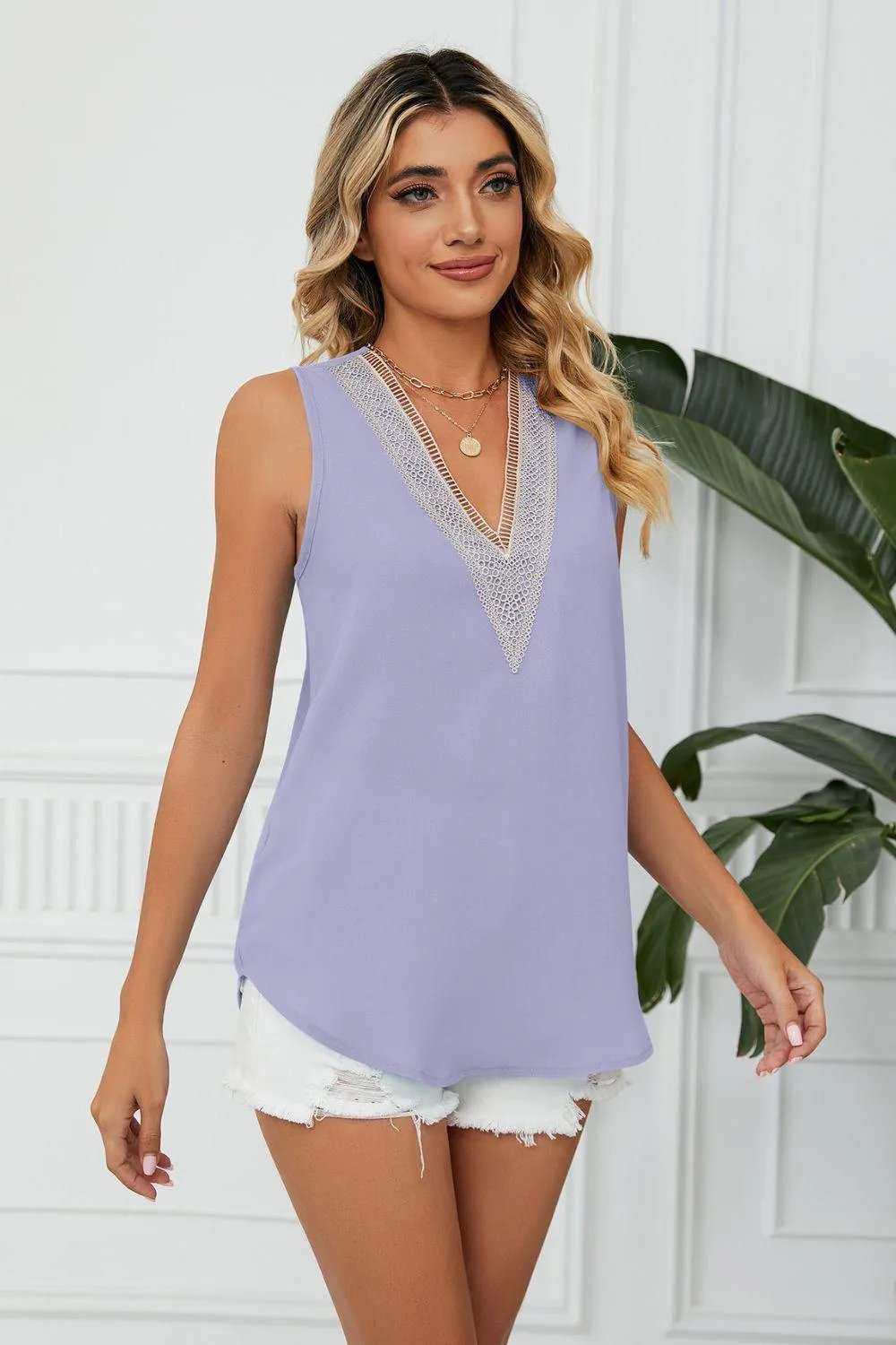 Contrast Trim Plunge Sleeveless Blouse - Trendsi - Flyclothing LLC