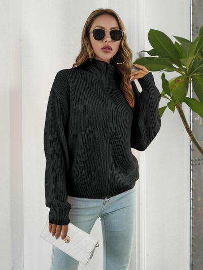 Turtleneck Zip Up Long Sleeve Knit Top - Trendsi - Flyclothing LLC