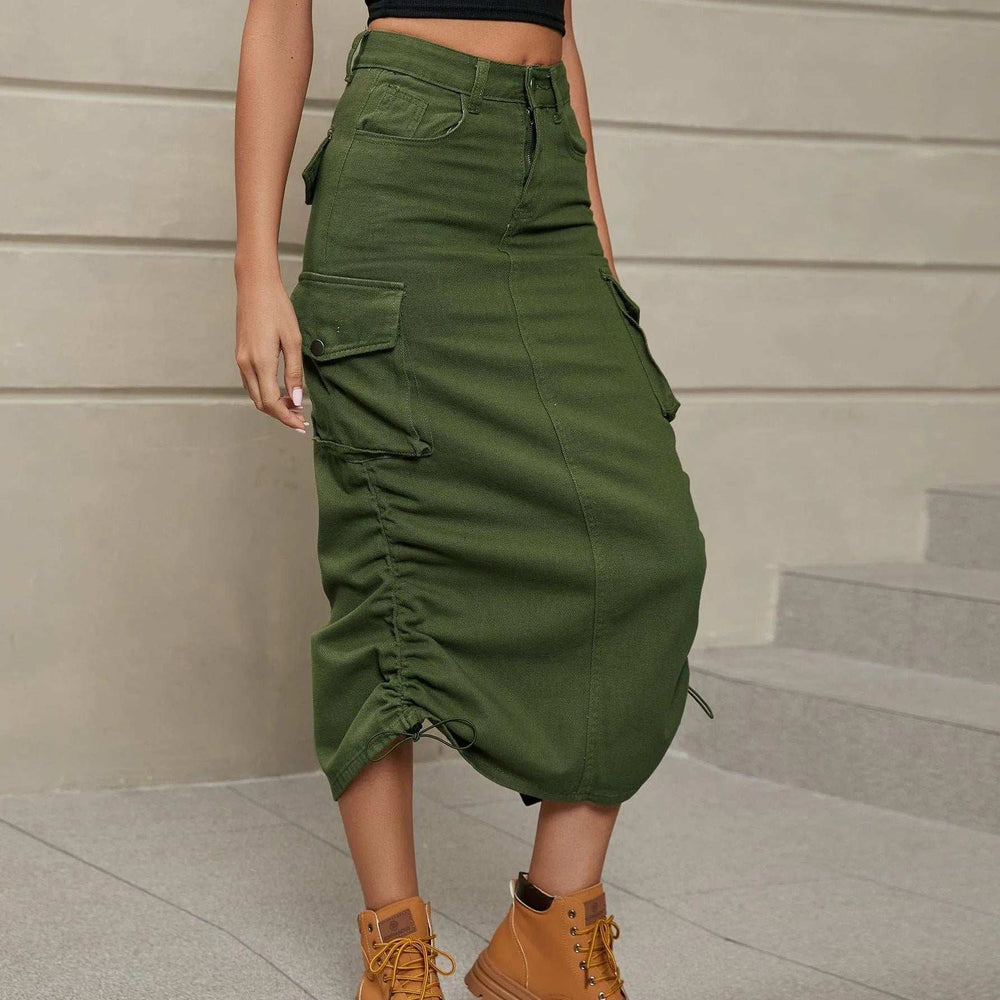 Drawstring Ruched Slit Denim Midi Skirt - Trendsi - Flyclothing LLC