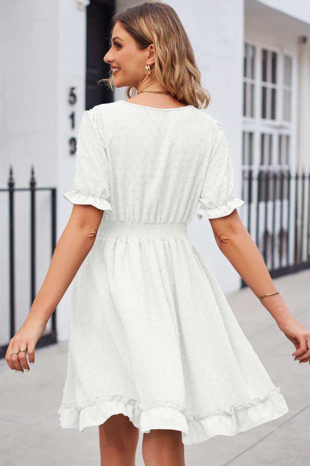 Swiss Dot Frill Trim Flounce Sleeve V-Neck Dress - Trendsi - Flyclothing LLC