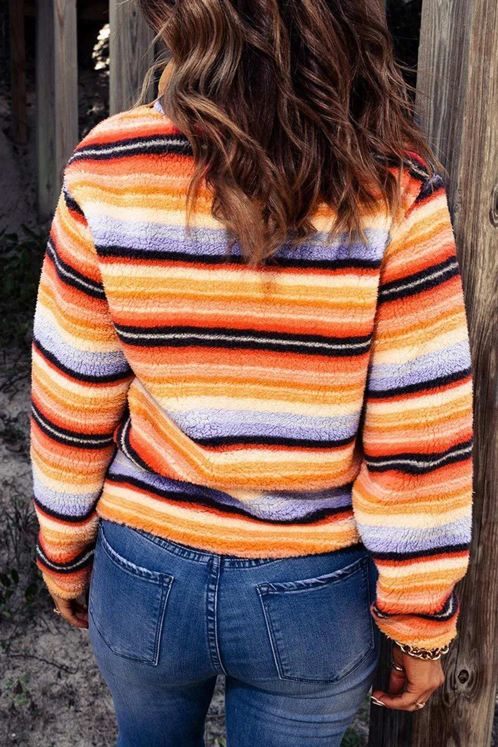 Multicolored Stripe Quarter Snap Fleece Sweatshirt - Trendsi - Flyclothing LLC