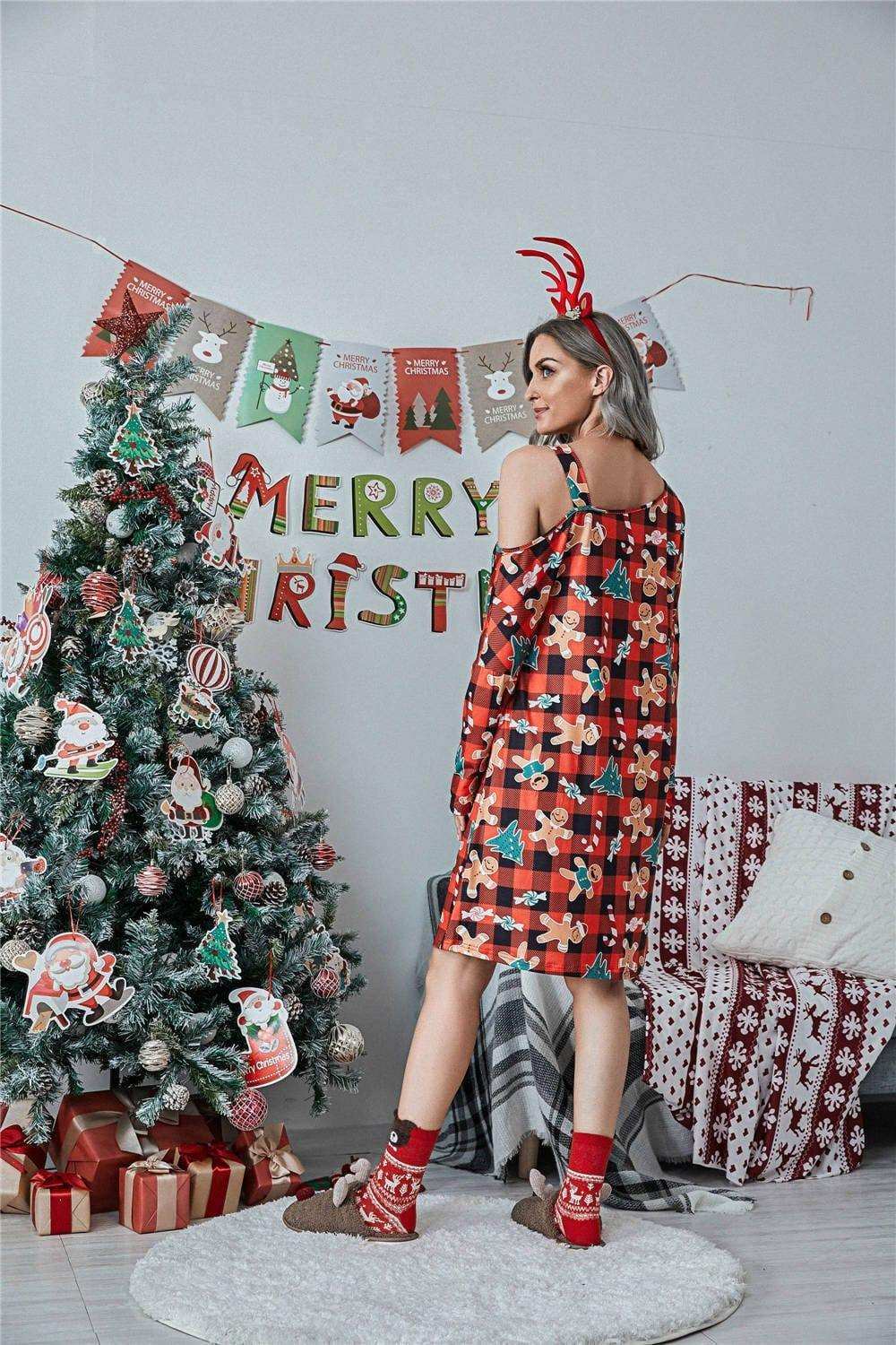 Christmas Asymmetrical Neck Long Sleeve Dress - Trendsi - Flyclothing LLC
