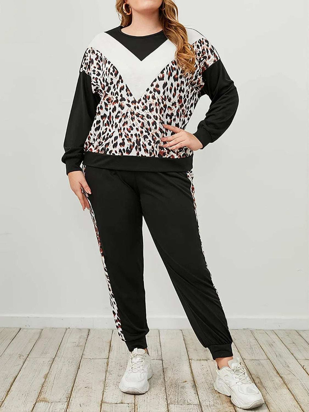 Plus Size Leopard Sweatshirt and Sweatpants Set - Trendsi - Flyclothing LLC