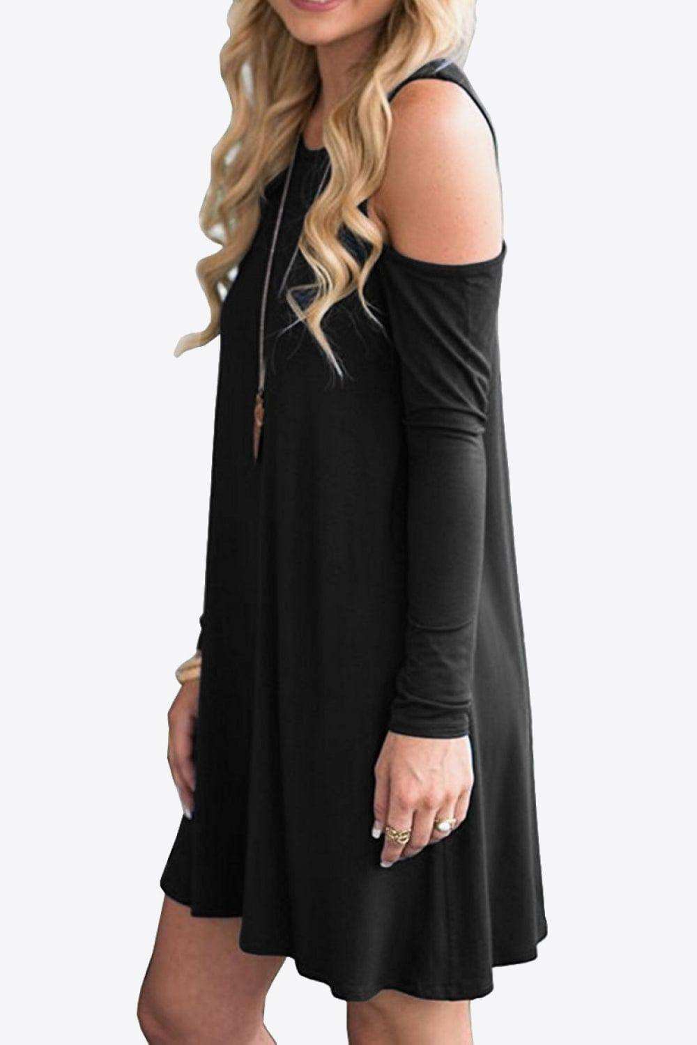 Cold-Shoulder Long Sleeve Round Neck Dress - Trendsi - Flyclothing LLC