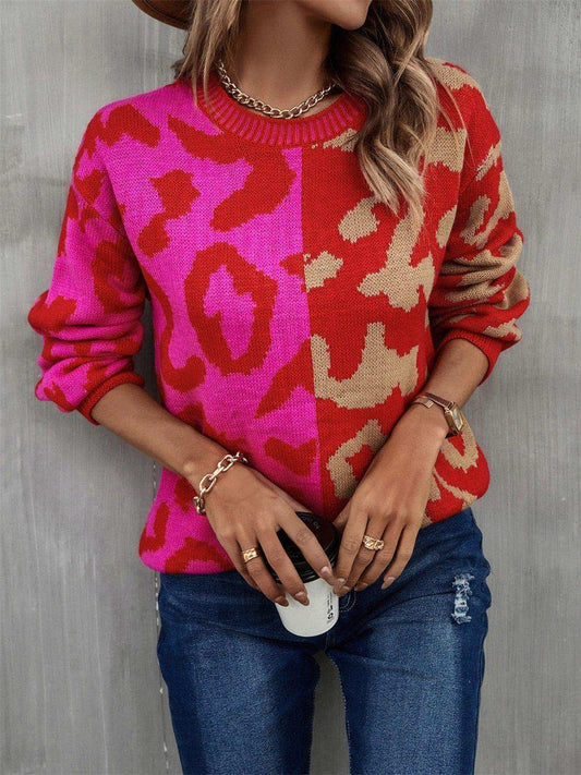 Leopard Round Neck Long Sleeve Sweater - Trendsi - Flyclothing LLC