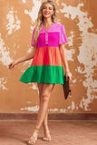 Color Block Buttoned Puff Sleeve Dress - Trendsi - Flyclothing LLC