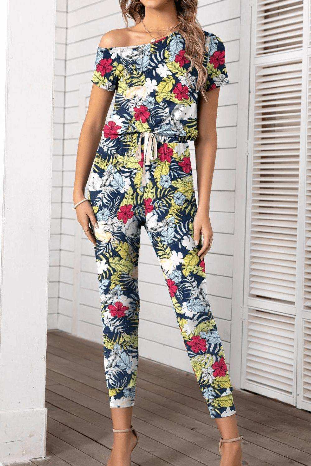 Asymmetrical Neck Short Sleeve Jumpsuit - Trendsi - Flyclothing LLC