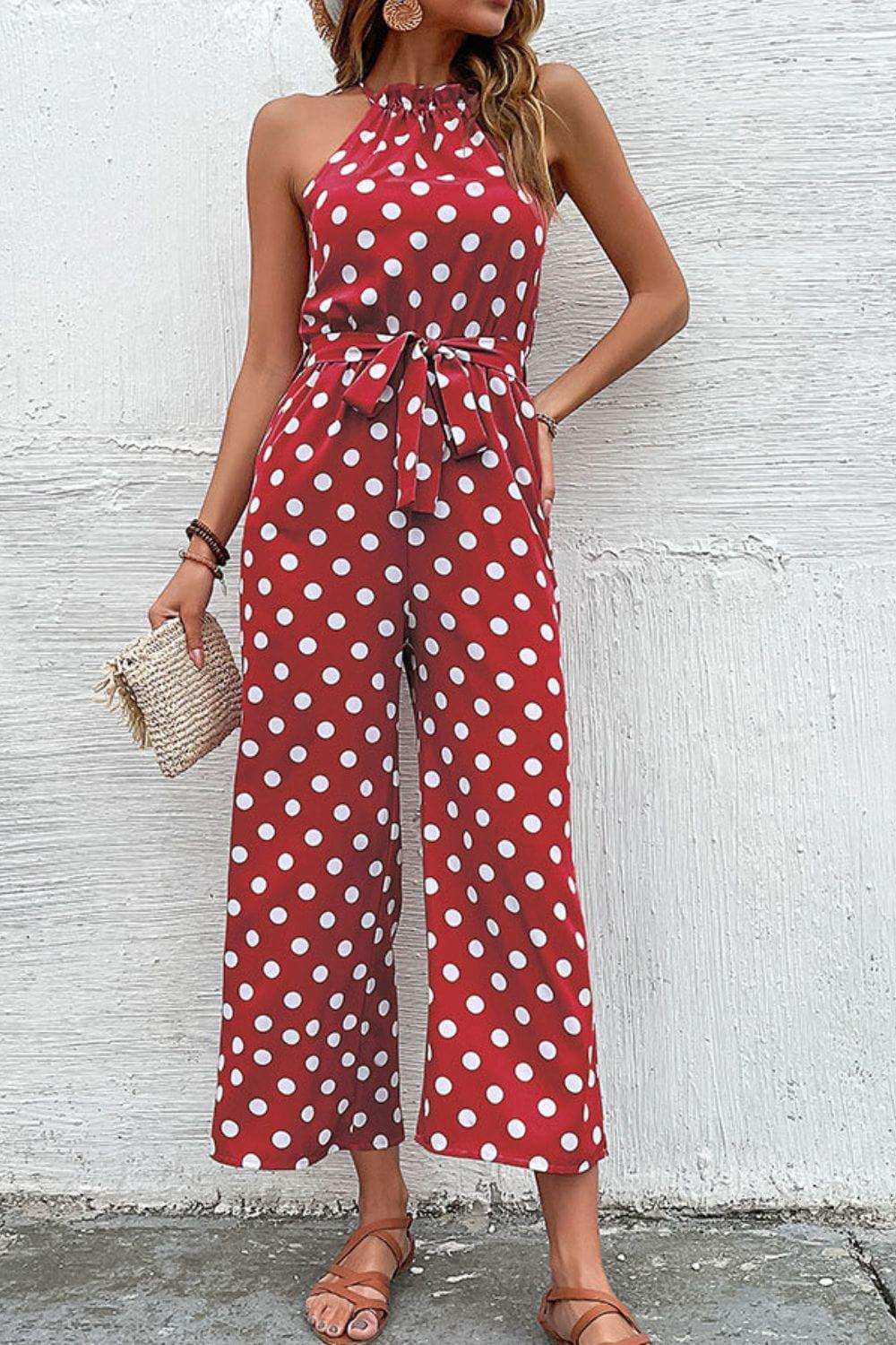 Polka Dot Grecian Wide Leg Jumpsuit - Trendsi - Flyclothing LLC