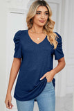 Heathered V-Neck Puff Sleeve T-Shirt - Trendsi - Flyclothing LLC