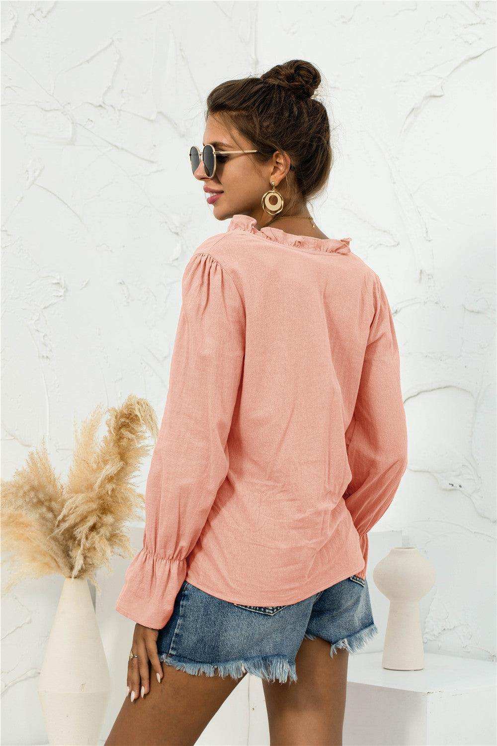 Frill Trim V-Neck Flounce Sleeve Shirt - Trendsi - Flyclothing LLC